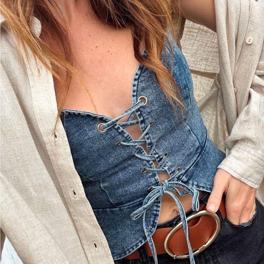 12th Tribe Denim Lace-Up Top